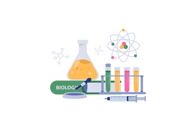 Digital graphic of a beaker and vials