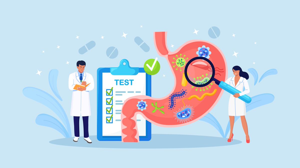 Digital graphic of doctors testing the stomach