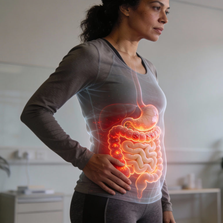 Woman with digital representative of digestive system