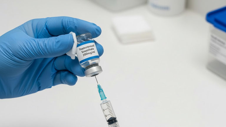 Doctor using needle to remove treatment from a vial