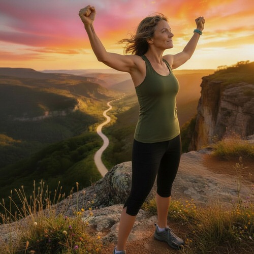 Woman standing with arms raised
