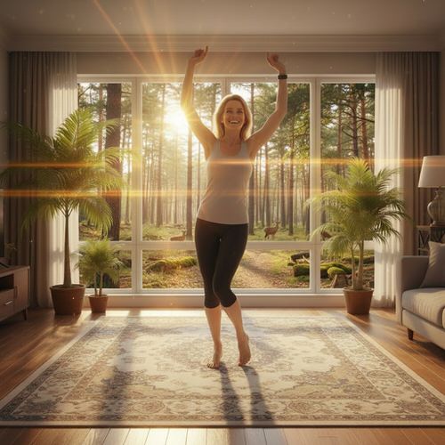 Woman with arms raised at home